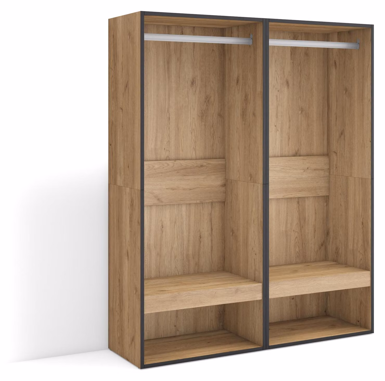 Armadio aperto, dimensioni 120x145x35 cm, aspetto legno di quercia, design moderno