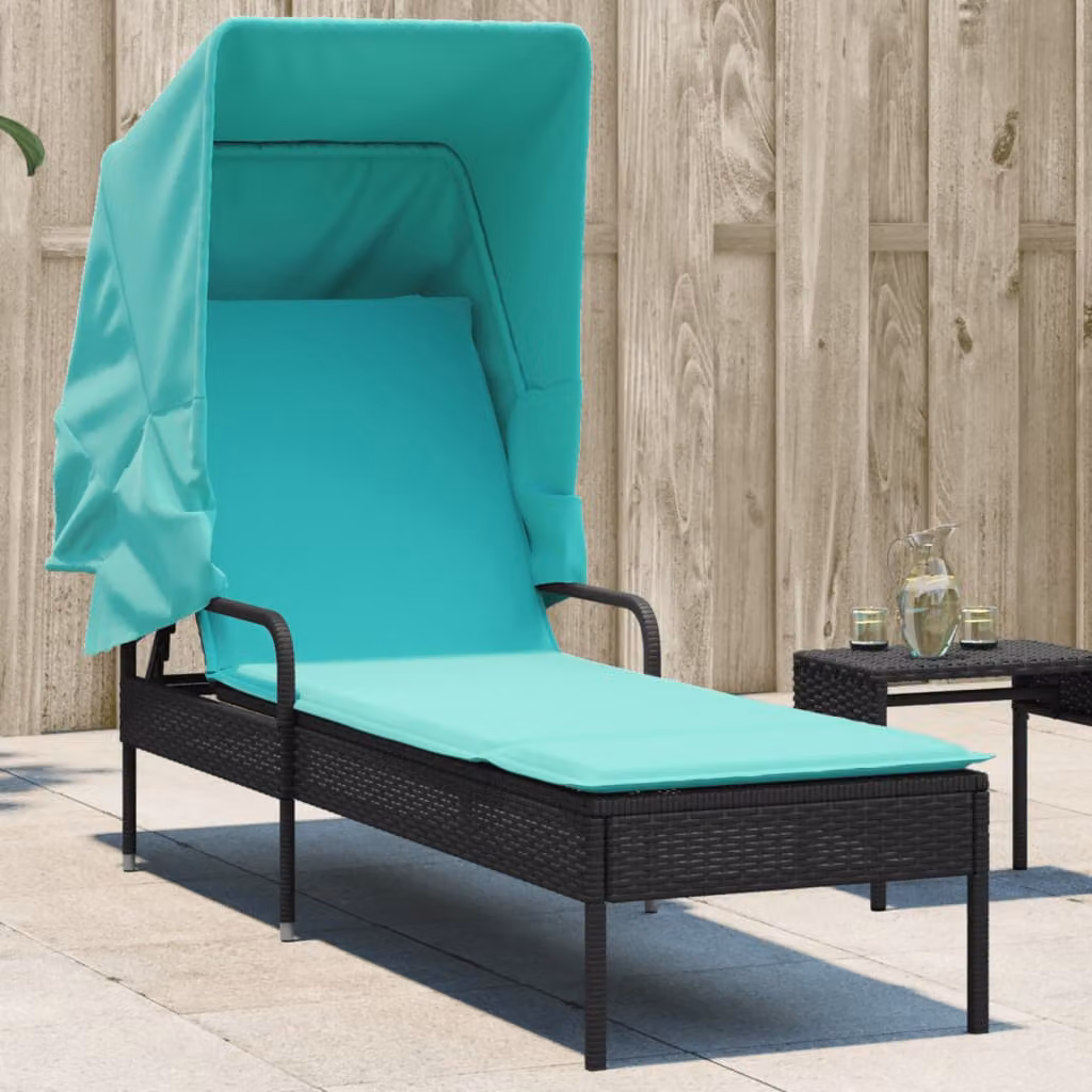 vidaXL Lettino prendisole con baldacchino in polyrattan nero e cuscini turchesi L/P/H: 200 x 90 x 110 cm