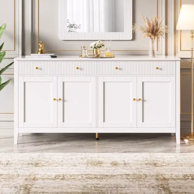 Credenza, 2 cassetti, 4 ante, maniglie in metallo, MDF, 160x40x82 cm, bianco