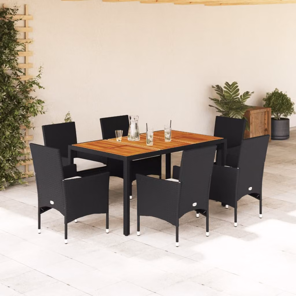 vidaXL Set Pranzo da Giardino 7 pz in Polyrattan e Legno di Acacia Nero con Cuscini Beige – 1