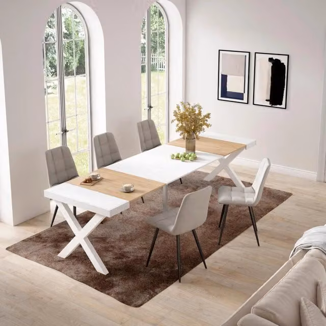 Consolle allungabile, 58 fino 302x90x73cm, Per 14 persone, Gambe in legno, colore Rovere e bianco RF2824