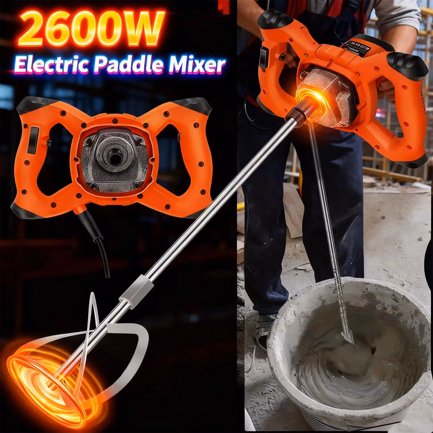 Miscelatore elettrico per malta e vernici - 2600 W - 6 velocità - Adatto per intonaco e vernici - Alimentazione di rete - Colore: arancione/nero