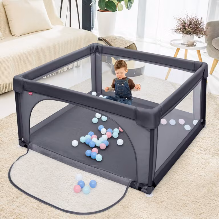 Centro attività Costway per bambini con cancelli di sicurezza e pareti a rete in tessuto, Grigio scuro