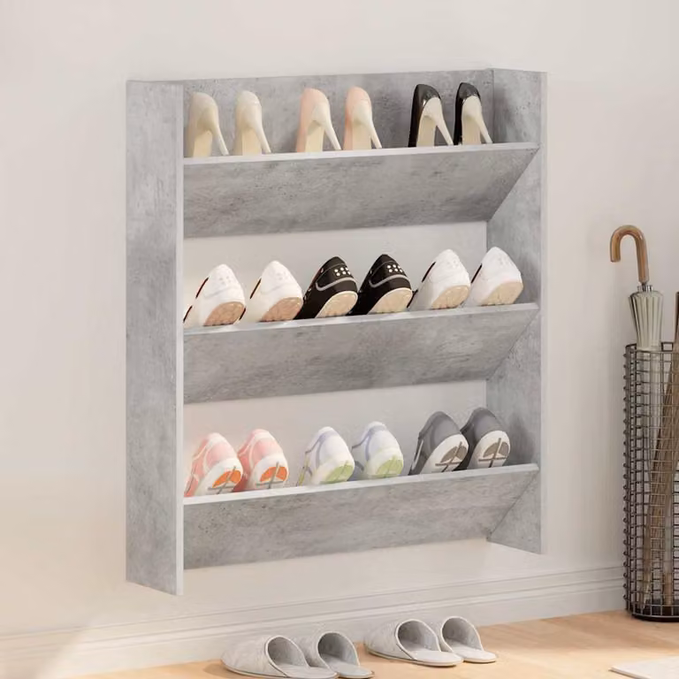 Scarpiera a muro moderna vidaXL Grigio opaco con scomparti basculanti in legno e MDF L: 80 cm, P: 18 cm, H: 90 cm