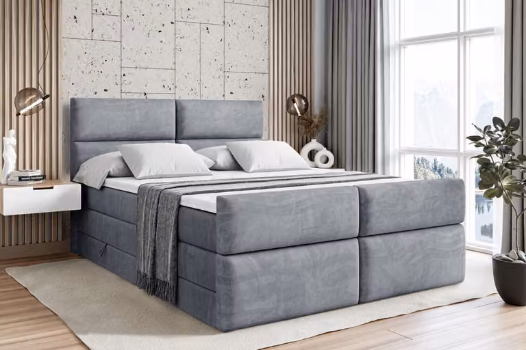 Letto boxspring ALTDECOR con pediera, 2 materassi e topper - 140x200 cm - BOXI3-Z KING - Grigio velluto - Letto imbottito con materassi H3 e H4, contenitore e rete a doghe, letto con spazio contenitivo