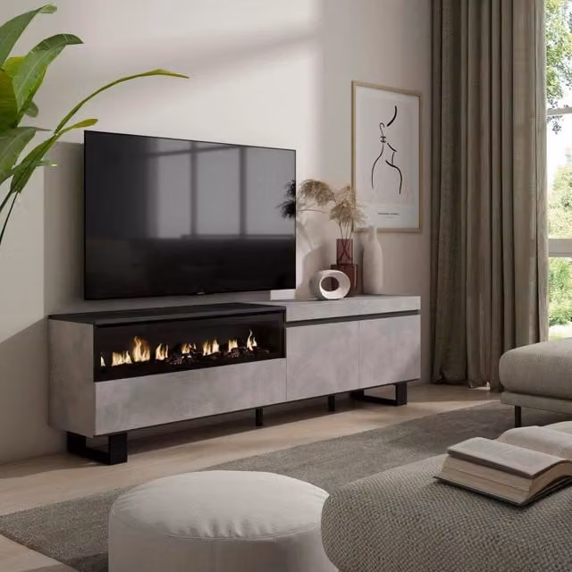 Mobile TV, 200x35x57cm, soggiorno, Per TV fino a 80", Camino elettrico, Design industriale, grigio cemento RF2218