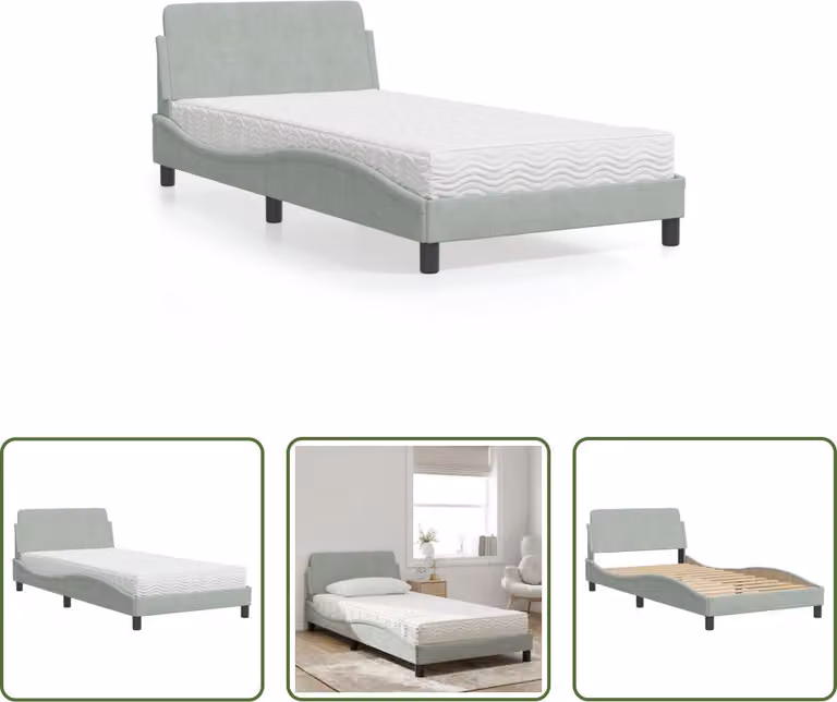 The Living Store Letto con materasso grigio chiaro 100x200 cm in velluto