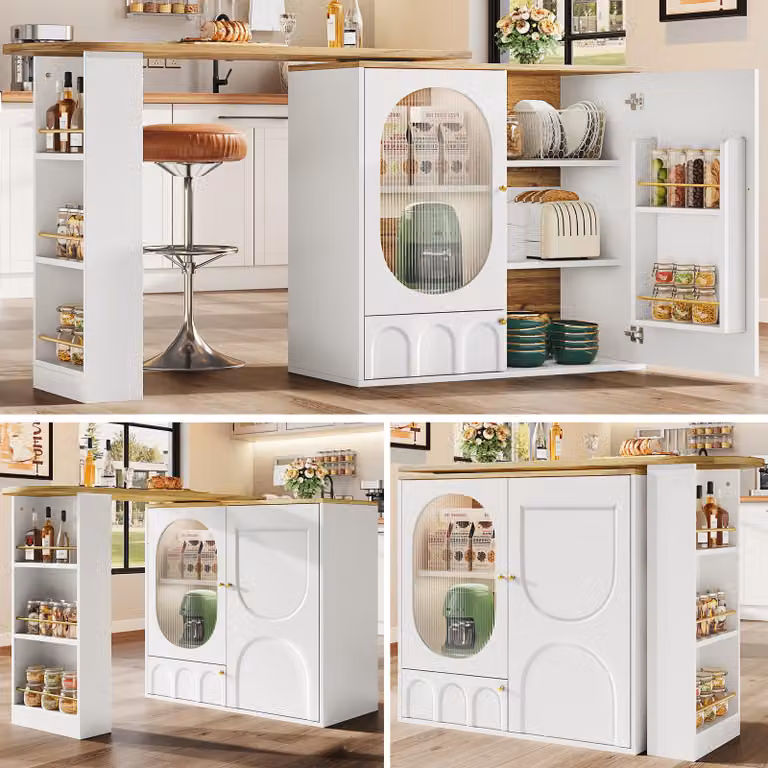 Tavolo da bar Sweiko girevole a 360°, tavolo alto (corpo 138 x 39 x 102 cm), mobile bar, bancone da pranzo girevole con spazio di archiviazione, isola da cucina, tre ante con ripiani, divisori rimovibili, bianco / nero