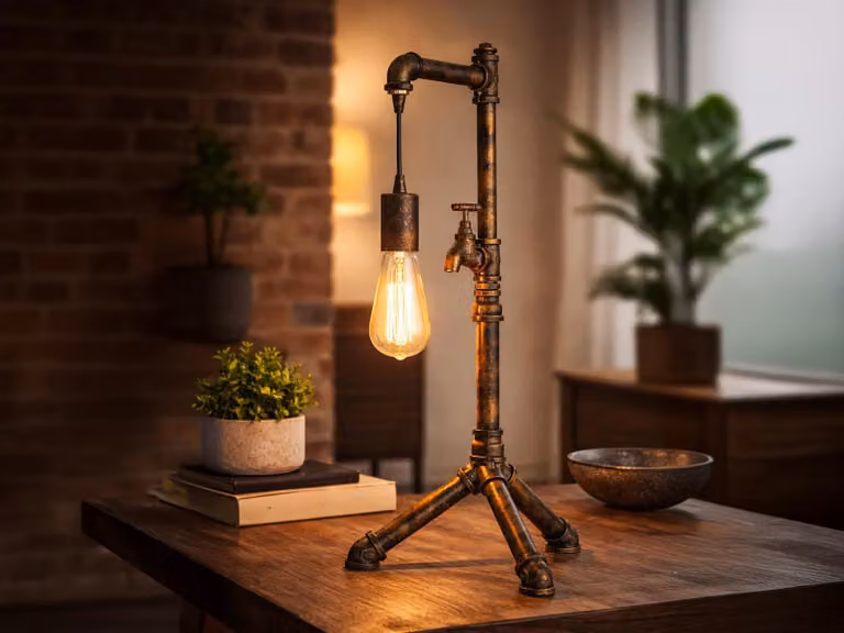 Lampada da tavolo grande AMARCORD in stile tubo dell'acqua industriale, ruggine