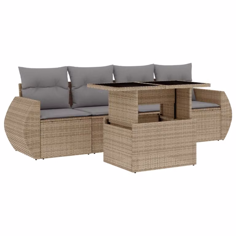 Set Divano da Giardino 5 pz con Cuscini Beige in Polyrattan