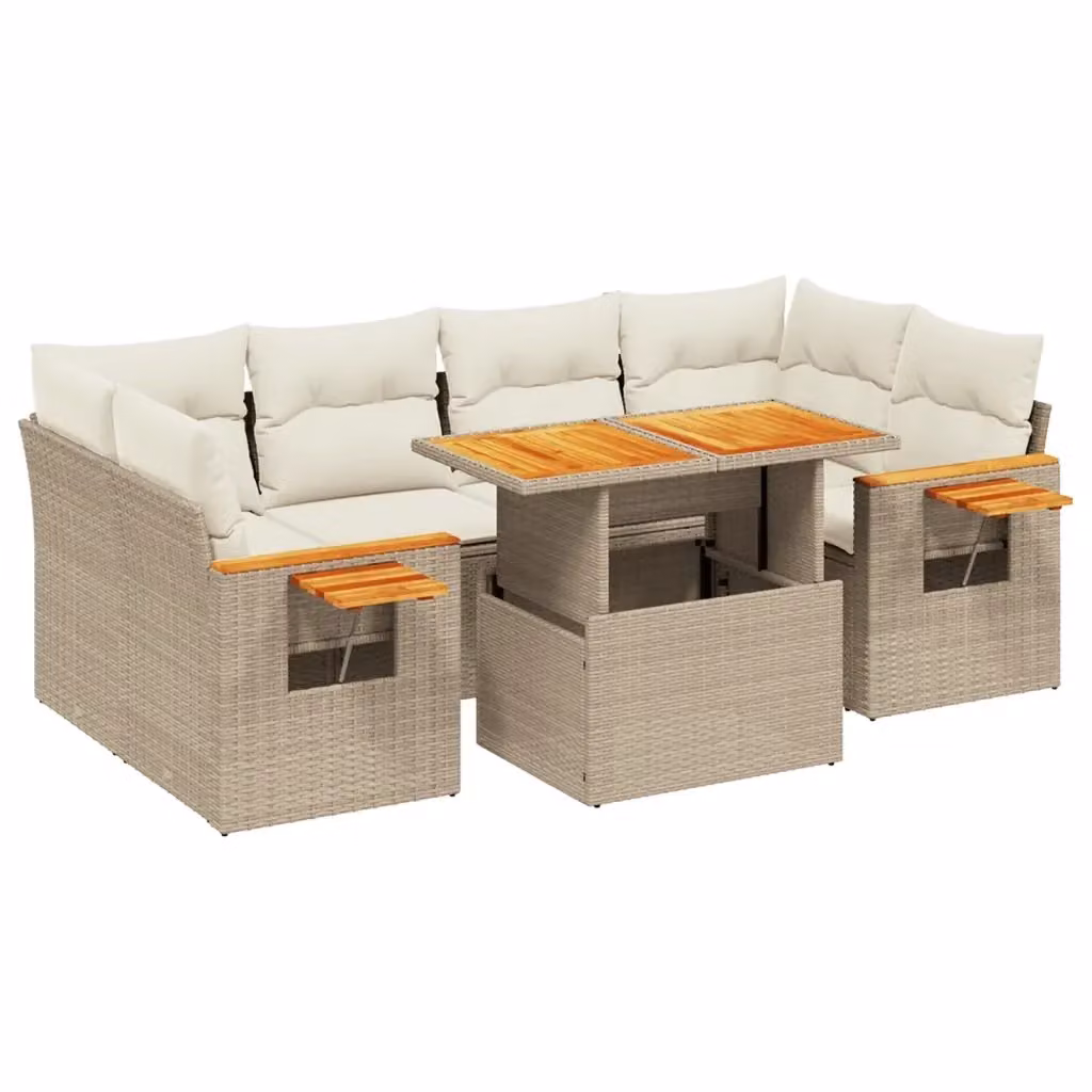 vidaXL Set Divani da Giardino 7 pz a Forma a L in Polyrattan Beige con Cuscini Imbottiti e Tavolino – 2