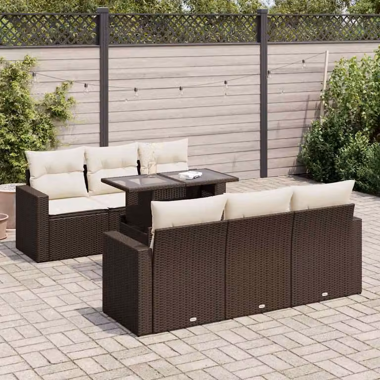 Set di divani da giardino vidaXL in polyrattan marrone con 7 pezzi e cuscini
