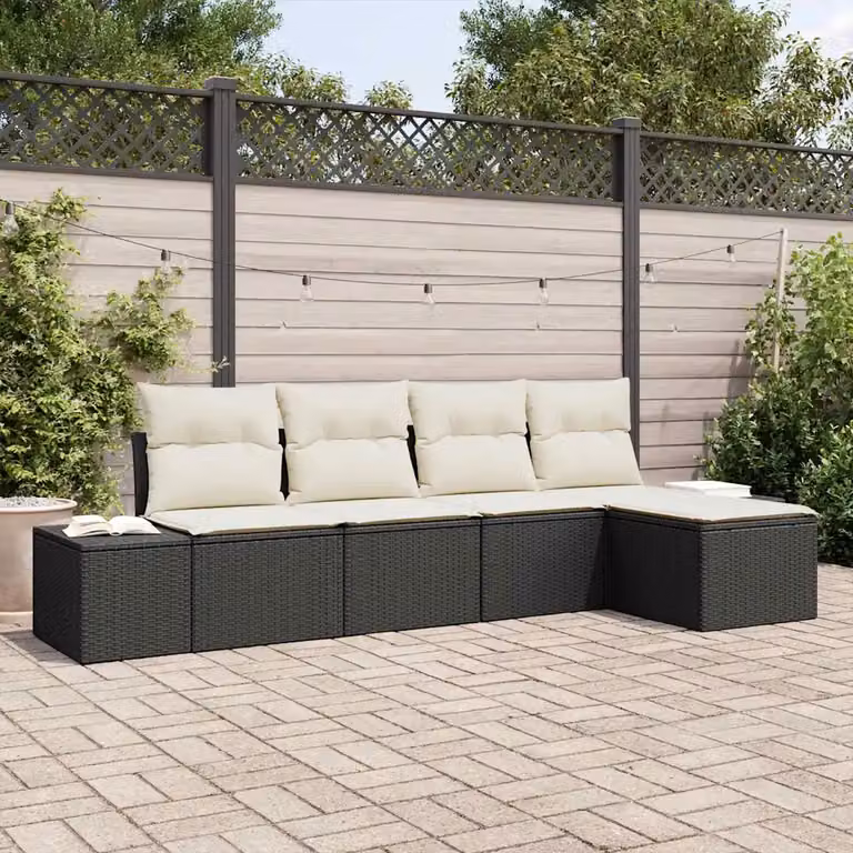 Set Divano da Giardino a L vidaXL 5 Pezzi con Ottoman e Cuscini Nero e Beige