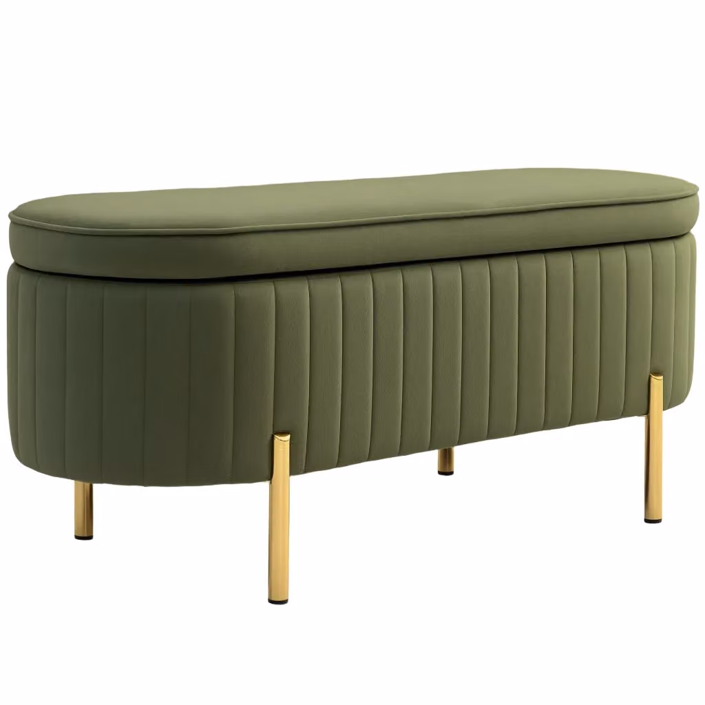 Panca contenitore Xylo con coperchio ribaltabile in tessuto verde scuro e struttura in metallo oro L: 120 cm, P: 44 cm, H: 43,5 cm – 2