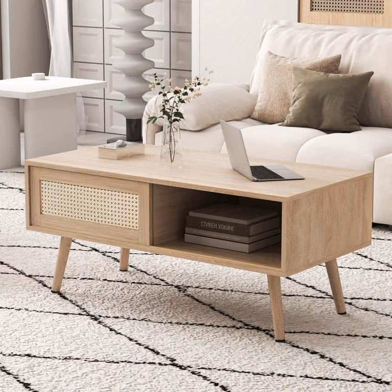 Tavolino intrecciato in vimini, tavolino da tè con ante scorrevoli, gambe in legno massello, tavolino da salotto moderno, colore naturale - H40/L1050/P55 cm