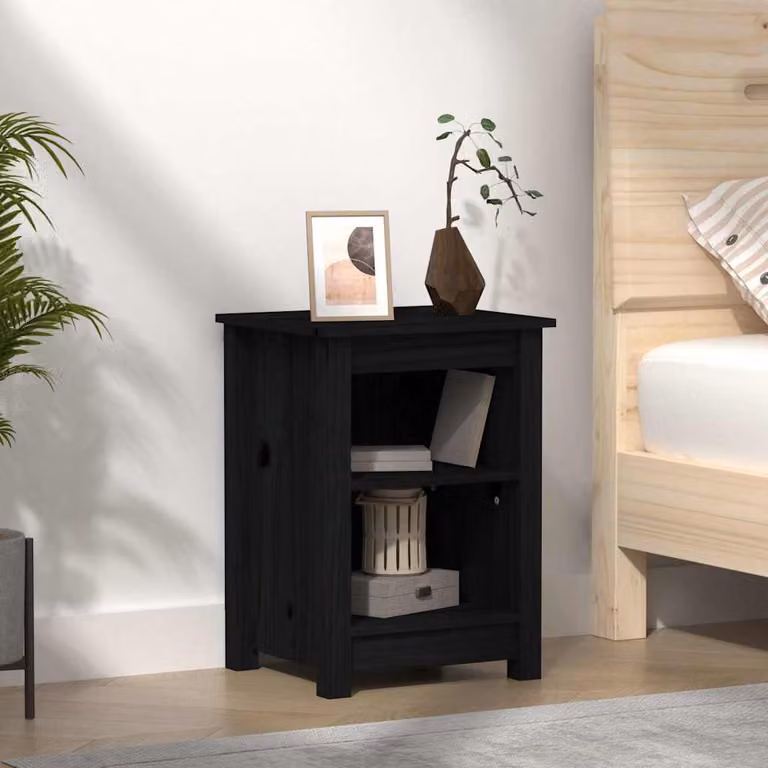 vidaXL Comodino Nero 40x35x55 cm in Legno Massello di Pino