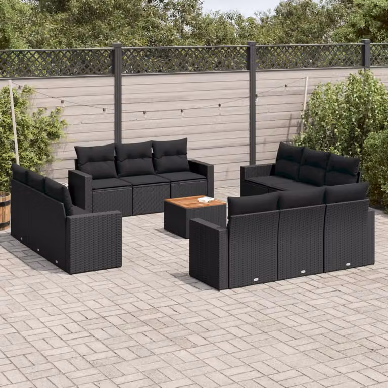 vidaXL Set Divani da Giardino 13pz a Forma a U in Polyrattan con Cuscini Nero e Marrone