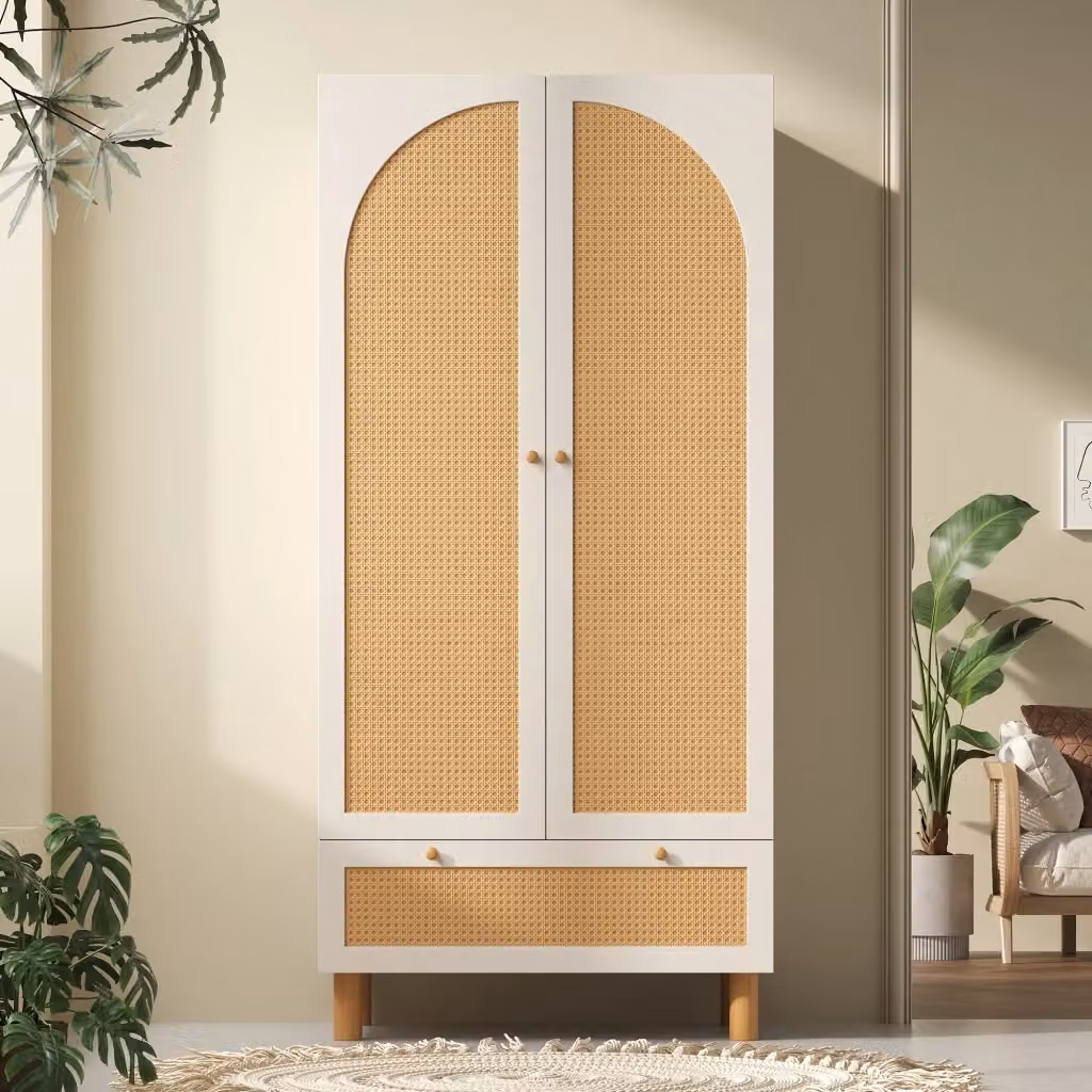 Armadio in stile rustico bianco con ante, cassetti interni, ripiani e barra appendiabiti, L: 85.5 cm, P: 52 cm, H: 180.5 cm – 2