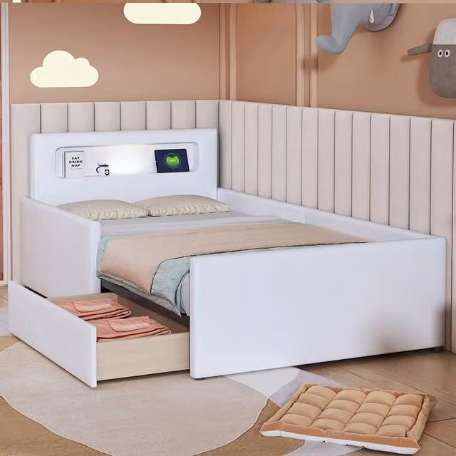 Letto 90x200 cm bambini con ripostiglio luce notturna USB - Xylo - Bianco