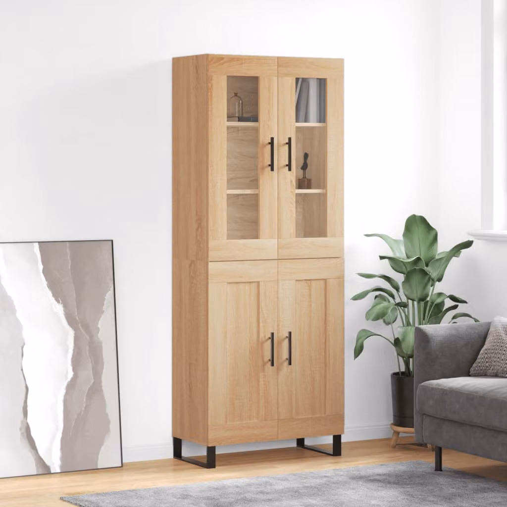 Credenza moderna vidaXL in rovere con ante in vetro e ripiani interni, colore marrone, L: 69,5 cm, P: 34,0 cm, H: 180,0 cm
