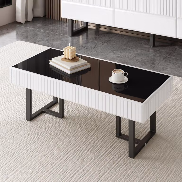 Tavolino moderno Merax in MDF e metallo, tavolo da soggiorno con piano nero lucido, design minimalista, bianco e nero