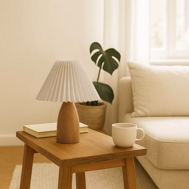 Opviq, lampada da tavolo di alta qualità con struttura in legno, Ø 22 cm, altezza: 14 cm, altezza totale: 30 cm, cavo: 150 cm, attacco E27, max. 40 W, color crema e rovere, design scandinavo, IP20.