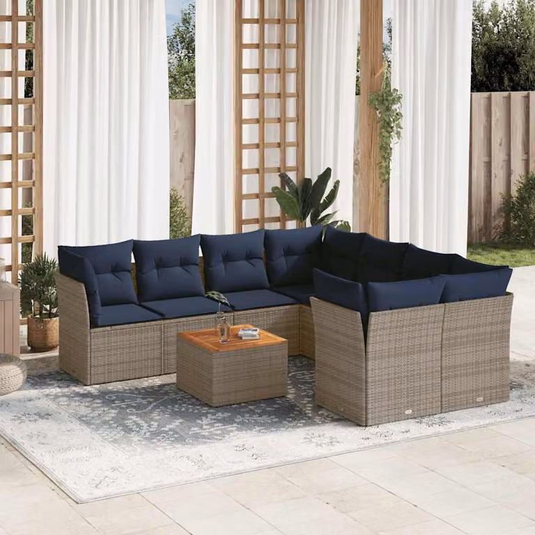 Set di Divani da Giardino vidaXL 9 pz in Polyrattan Grigio con Cuscini e Tavolino da Esterno a Forma di L