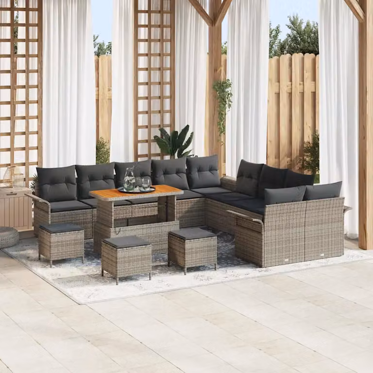 Set Divano da Giardino vidaXL 14 pz a forma di U in Polyrattan Grigio con Cuscini e Tavolino