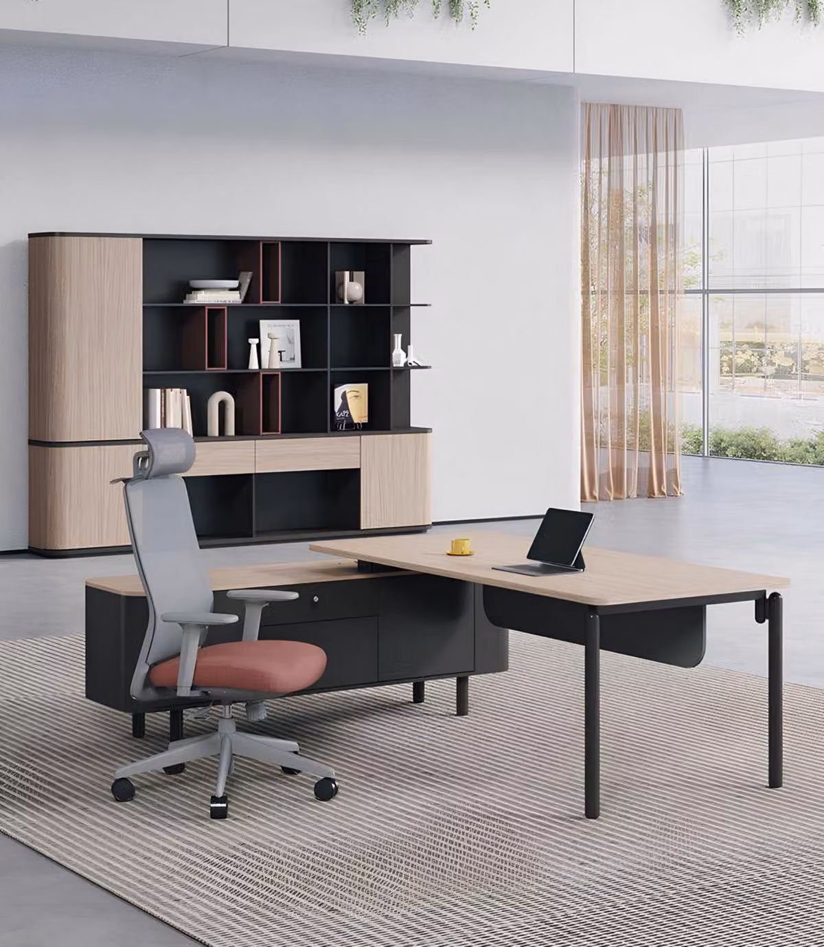 Set da ufficio elegante e moderno: scrivania robusta in legno e libreria