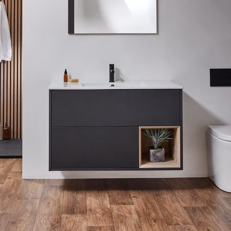 Mobile Bagno Sospeso con Ripiano Aperto e Lavabo da 1010mm - Rovere Chiaro - Hoxton