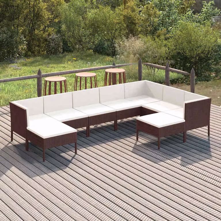 Set di divani da giardino vidaXL 9 pz in rattan marrone e bianco con cuscini e struttura in acciaio