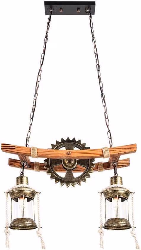 Lampada a sospensione in stile industriale vintage con dettagli in legno - Catena regolabile