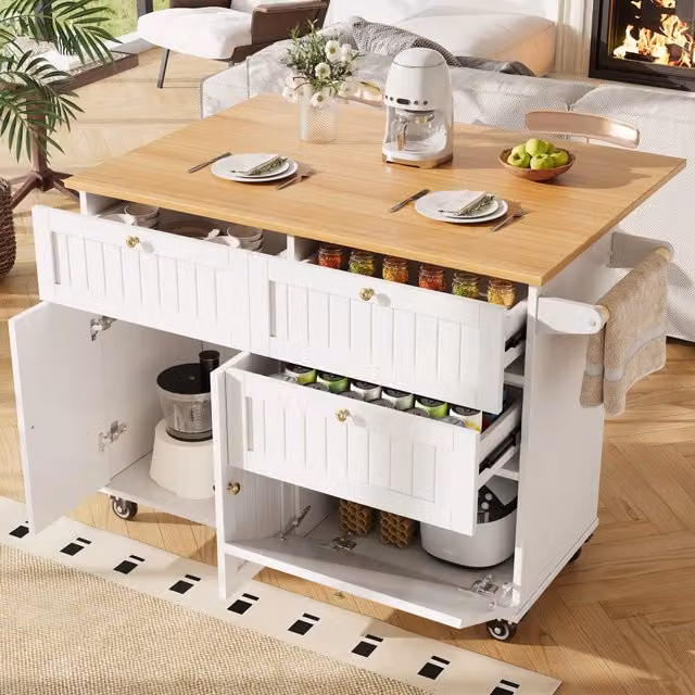 Carrello da cucina REDOM in stile scandinavo, bianco opaco, L/P/H: 133 x 37,3 x 88 cm