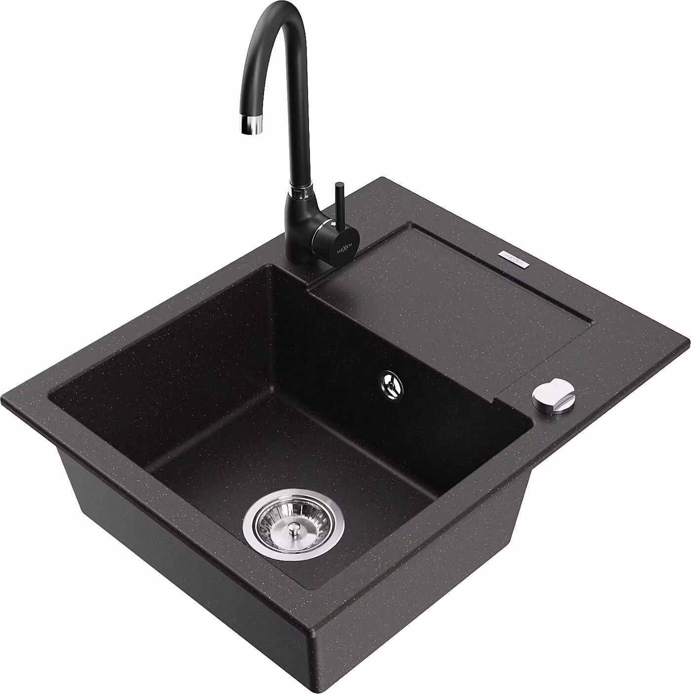 Mexen Enzo lavello da cucina in granito con 1 vasca, gocciolatoio e rubinetto Telma, nero/oro - 6506-75-670200-70