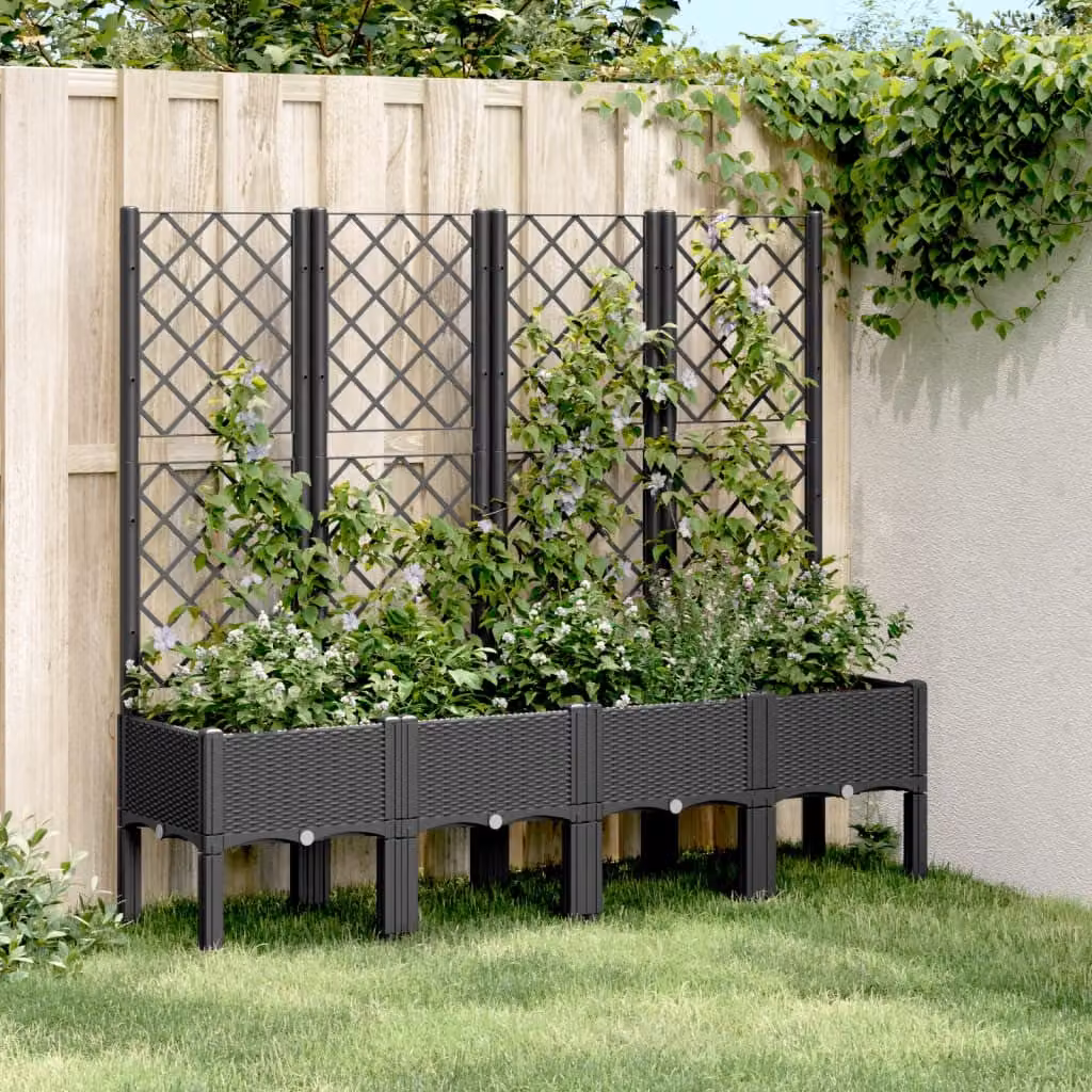 vidaXL Fioriera da Giardino con Traliccio per Piante Rampicanti in Plastica Nera L: 160 cm, P: 40 cm, H: 142 cm