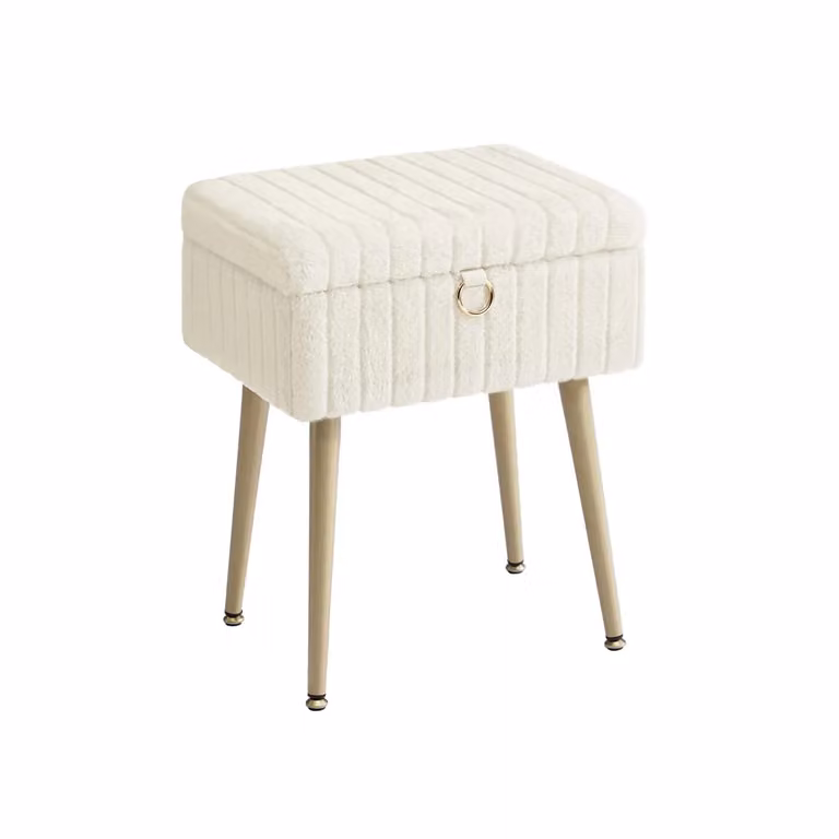 Sgabello da trucco imbottito con contenitore e gambe in metallo, Bianco Crema