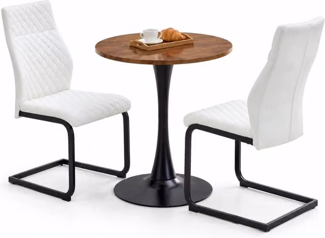 Set tavolo e sedie con tavolo rotondo e 2 sedie da sala da pranzo, MDF, metallo e pelle PU, noce, bianco e nero