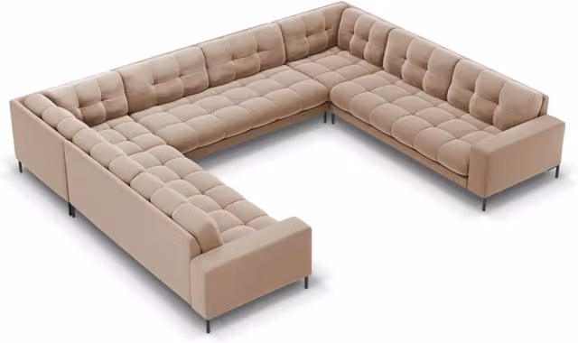 Divano panoramico Bali Cosmopolitan Design a 9 posti in velluto beige con forma a U L: 327 cm, P: 159 cm, H: 75 cm