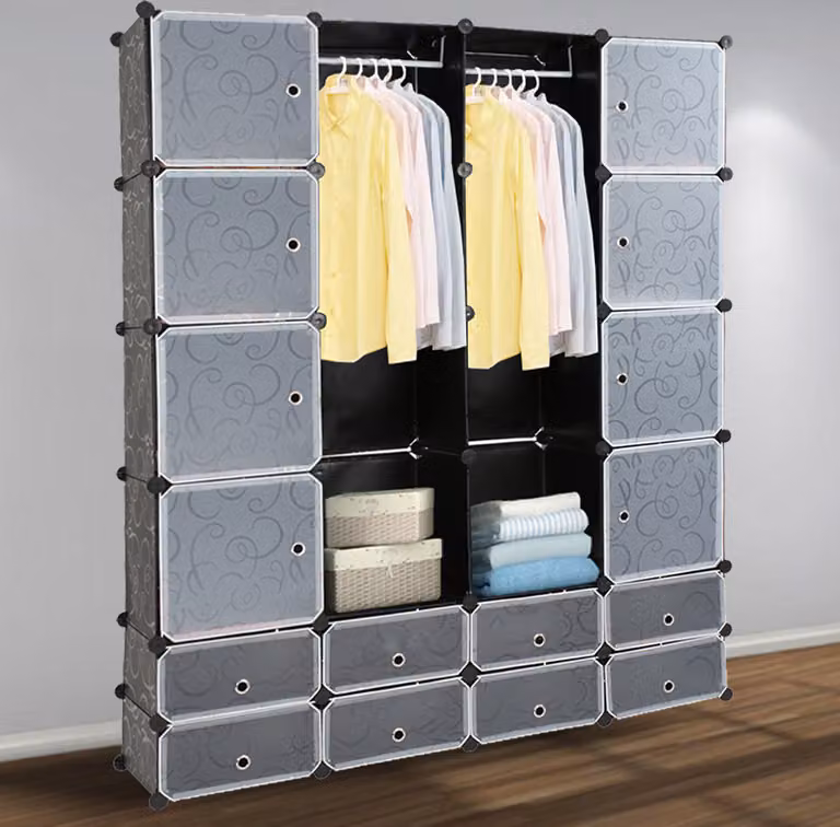 Jopassy 16 cubi sistema di scaffalatura armadi guardaroba fai da te armadio armadio di plastica nera di stoccaggio per camera da letto con porte 180 * 142 * 37CM