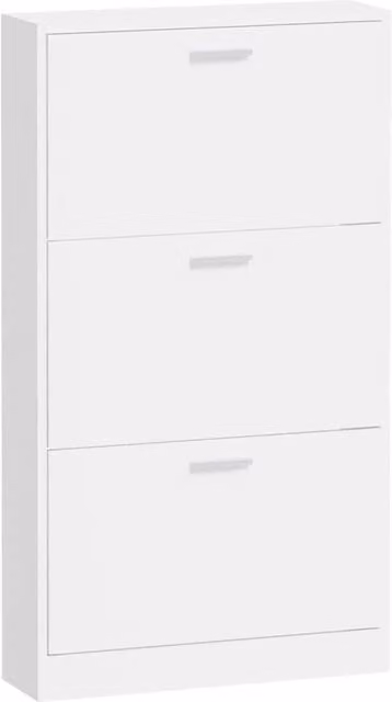 Scarpiera moderna con ante a ribalta in MDF bianco lucido per ingresso, corridoio o soggiorno, L: 59 cm, P: 17 cm, H: 108 cm
