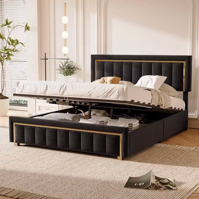 Letto Matrimoniale Imbottito 160x200 cm; Letto Contenitore Idraulico; Struttura Letto con Testiera in Velluto; Nero; Senza Materasso