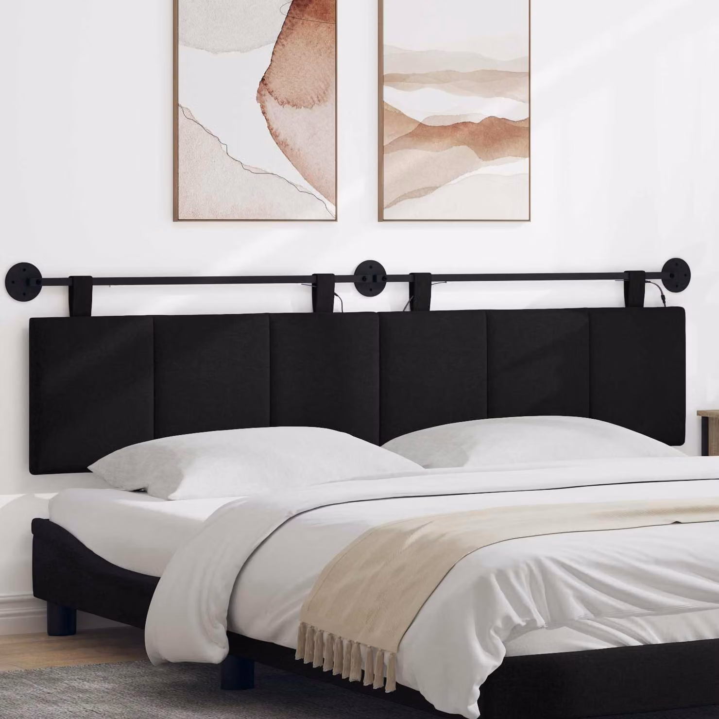 Testiera per letto sospesa vidaXL con luce LED integrata in tessuto nero e design moderno