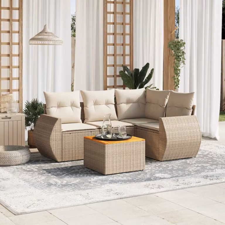 vidaXL Set Divano da Giardino a L 5 pz con Cuscini Beige e Tavolino in Polyrattan e Legno di Acacia