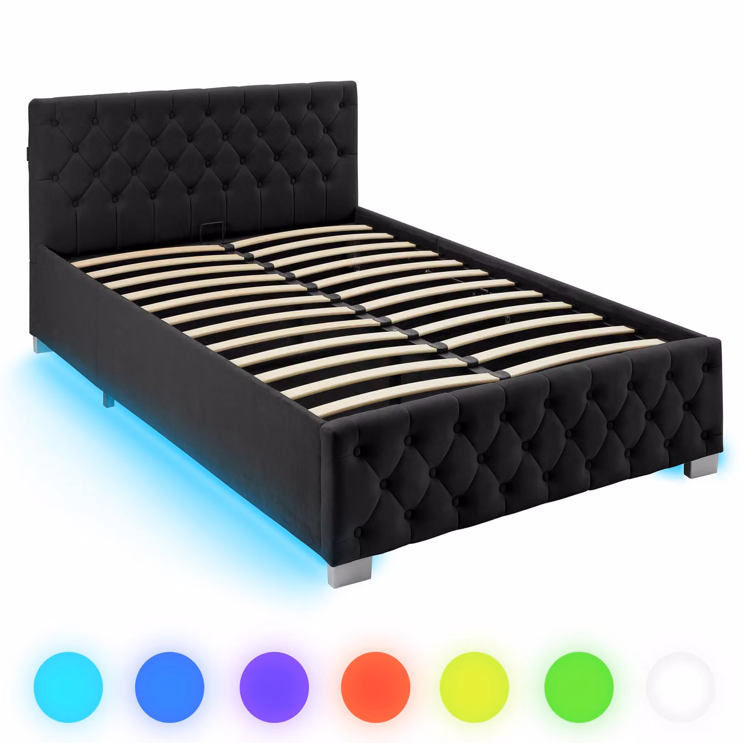Letto imbottito modello Chesterfield tectake con base contenitore a sollevamento, illuminazione LED sottostante e rivestimento in velluto nero, L/P/H: 120 x 200 x 129 cm – 4