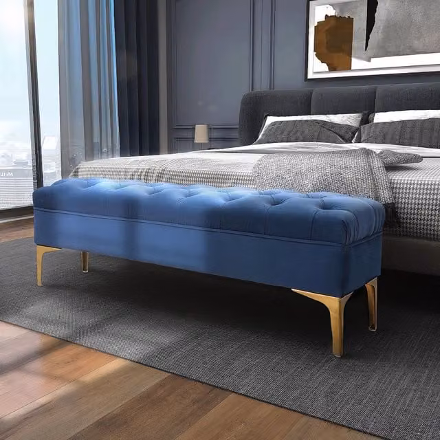 Panca imbottita in velluto blu con gambe dorate WISHDOR L: 118 cm, P: 45 cm, H: 42 cm – 1