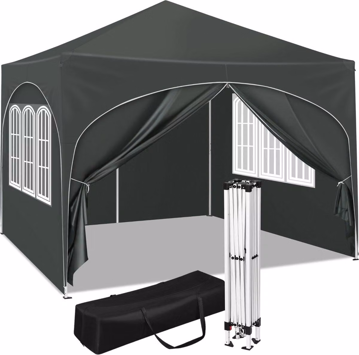Tenda Happyment con pannelli laterali - Grigio - 3x3 m - Gazebo pieghevole - Resistente all'acqua e ai raggi UV - Altezza regolabile