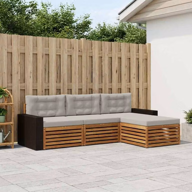 Set di divani da esterno vidaXL 4 pezzi in legno di acacia con cuscini, forma a L, colori beige, grigio e marrone