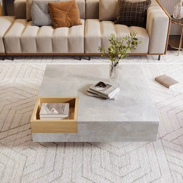 Tavolino da caffè MINIMAL con contenitore in effetto cemento e legno, grigio e marrone, L 72 cm x P 72 cm x H 30 cm – 1