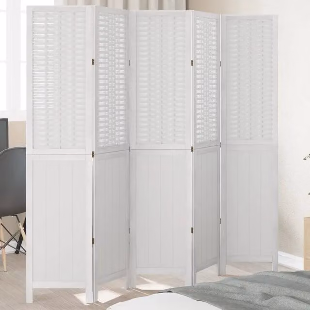 Divisorio Ambienti Design In Paravento a 5 Pannelli in Legno di Paulownia e Rattan Bianco H 200 x L 180 x P 40 cm