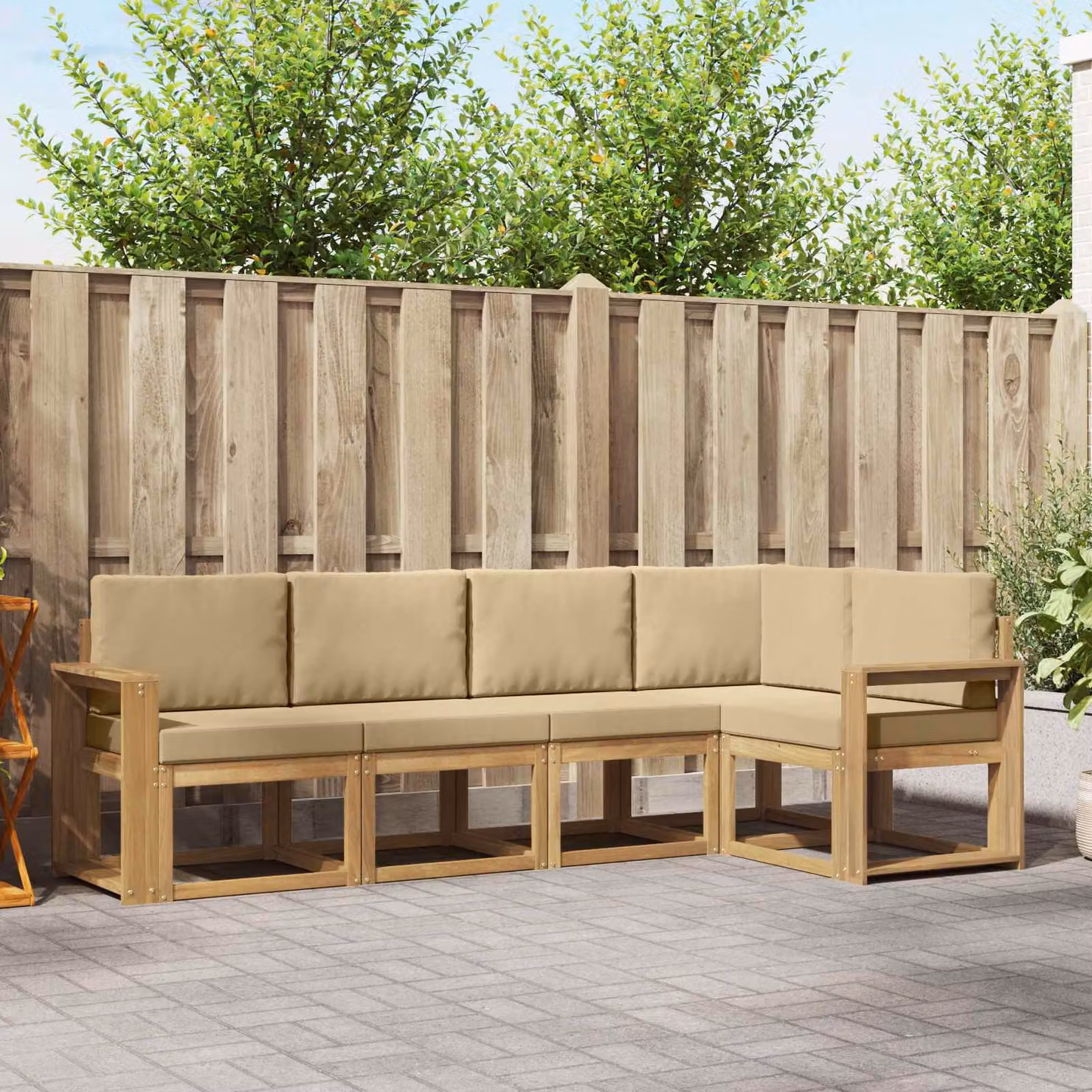 Set di divani da esterno vidaXL a forma di L in legno di acacia con cuscini, Bianco e Beige